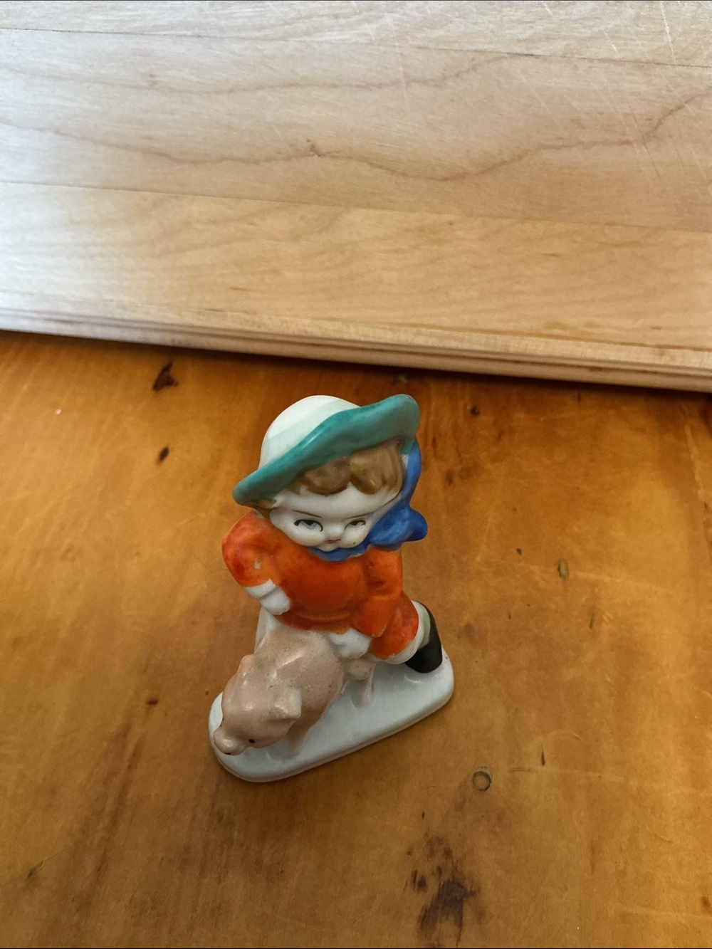 Postwar Vintage Porcelain Miniature Nursery Rhyme Boy & Pig Figurine Farmhouse